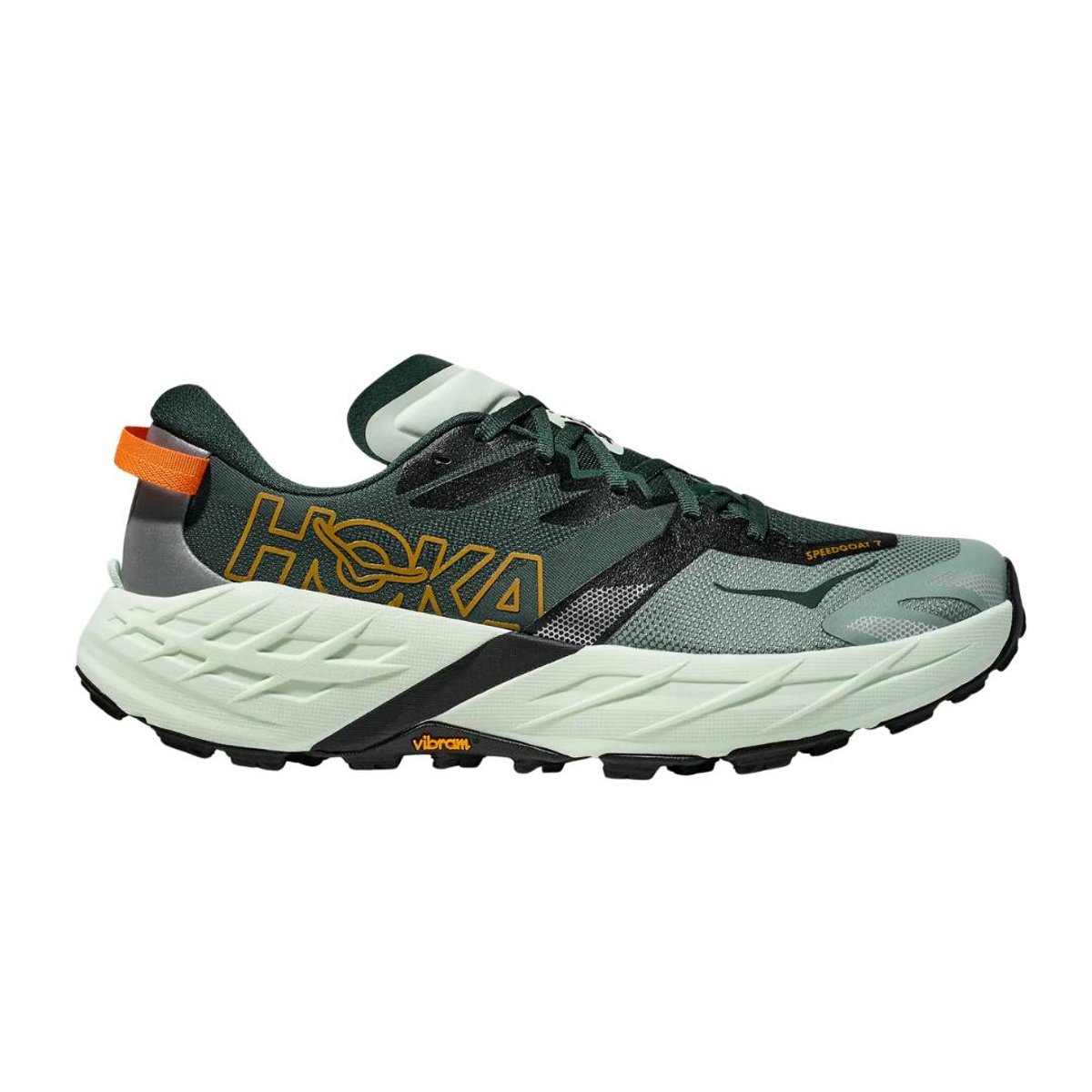 Hoka Speedgoat 7 Schuhe Grün Orange SS26, Größe EU 45 1/3